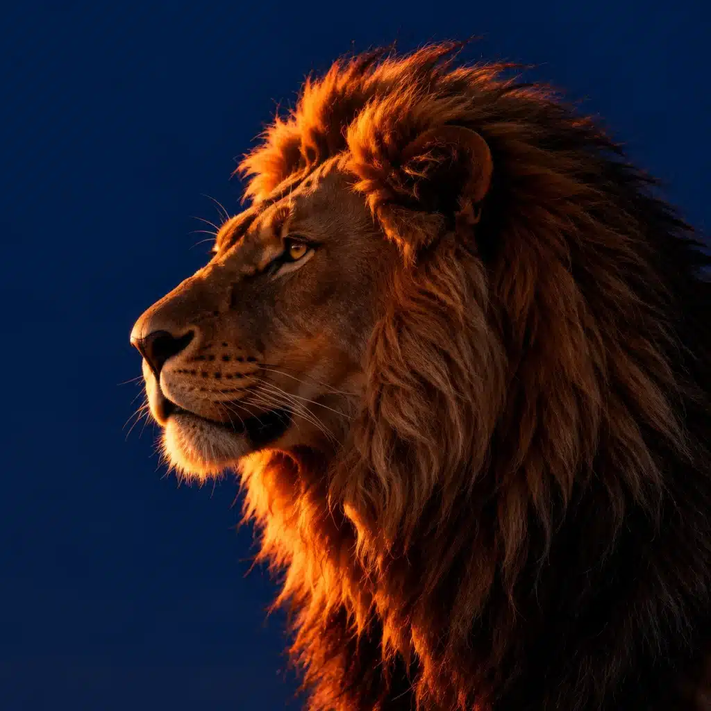 Close profile of a lion at dusk, the mane lit by warm rim light.