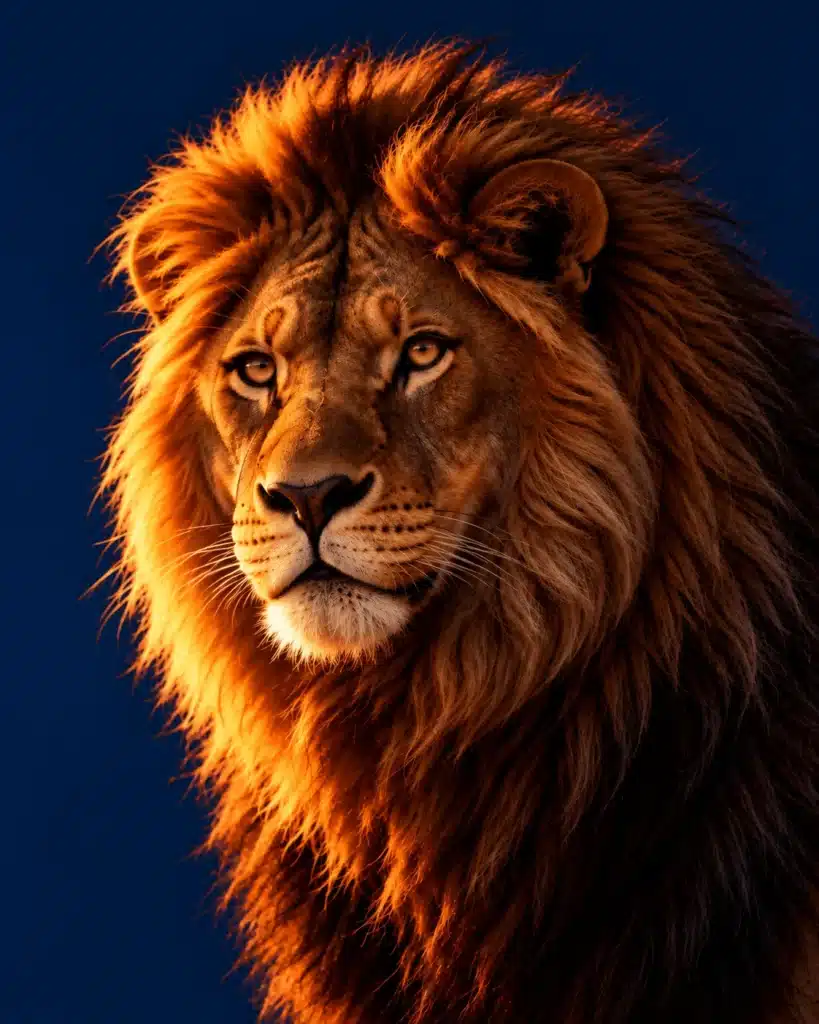 Close portrait of a lion at dusk, looking directly at the viewer.